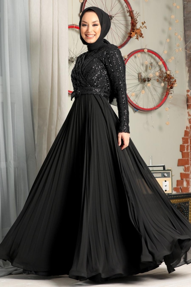 Tesettür Abiye Elbise - Robe de soirée islamique noire 33130S - 2
