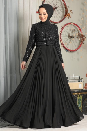 Tesettür Abiye Elbise - Robe de soirée islamique noire 33130S - 3