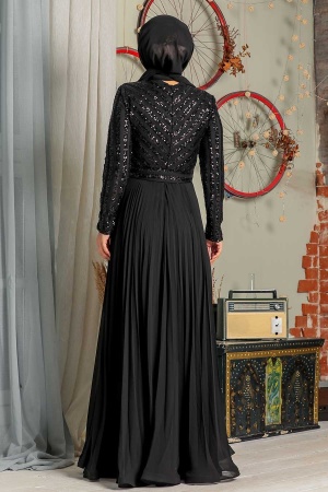 Tesettür Abiye Elbise - Robe de soirée islamique noire 33130S - 4