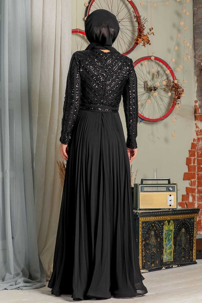 Tesettür Abiye Elbise - Robe de soirée islamique noire 33130S - 4
