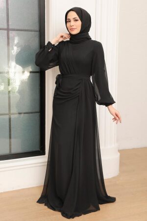 Tesettür Abiye Elbise - Robe de Soirée Islamique Noire 5711S - 4