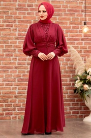 Tesettür Abiye Elbise -Robe de soirée islamique rouge bordeaux 25810BR - Thumbnail