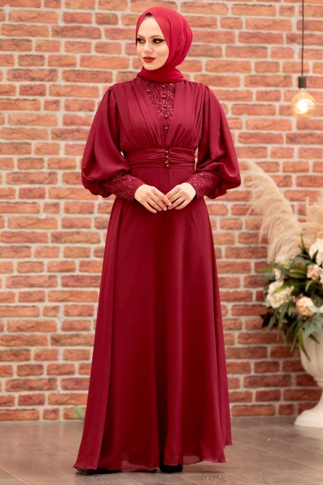 Tesettür Abiye Elbise -Robe de soirée islamique rouge bordeaux 25810BR - 1