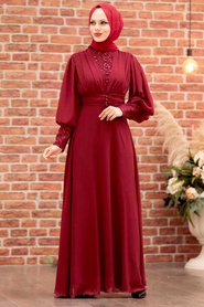 Tesettür Abiye Elbise -Robe de soirée islamique rouge bordeaux 25810BR - Thumbnail