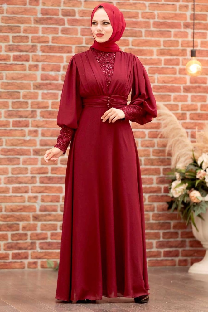 Tesettür Abiye Elbise -Robe de soirée islamique rouge bordeaux 25810BR - 2