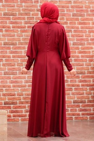 Tesettür Abiye Elbise -Robe de soirée islamique rouge bordeaux 25810BR - Thumbnail