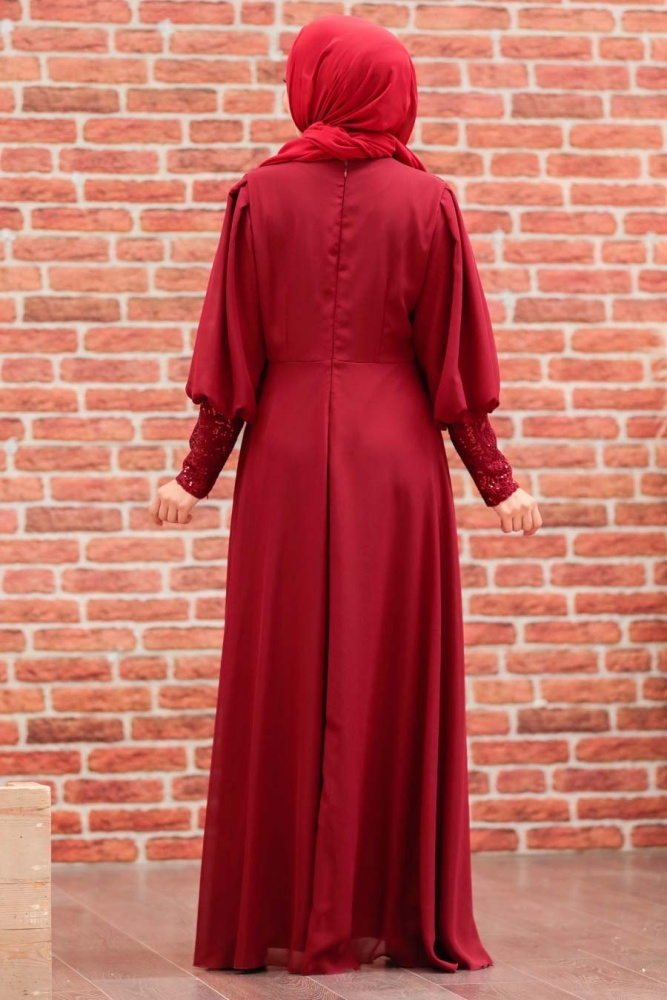 Tesettür Abiye Elbise -Robe de soirée islamique rouge bordeaux 25810BR - 3