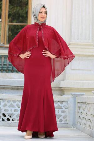 Tesettür Abiye elbise - Robe de soirée islamique rouge bordeaux 7612BR - 1
