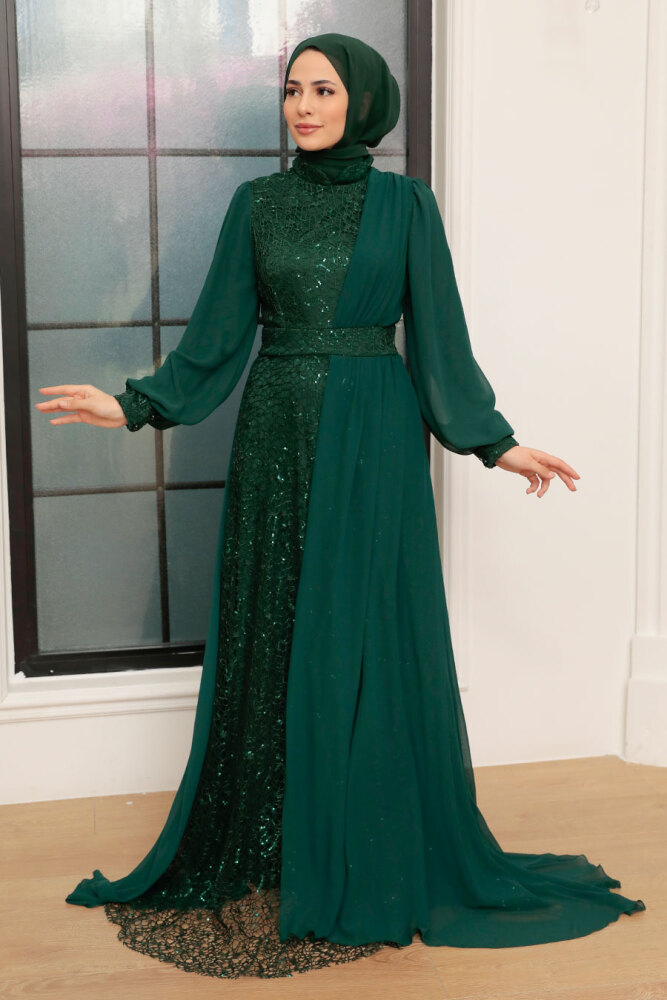 Tesettür Abiye Elbise - Robe de Soirée Islamique Vert Foncé 5408KY - 1