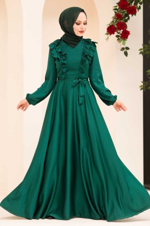 Tesettür Abiye Elbise -Robe de soirée islamique verte 3117Y - 1