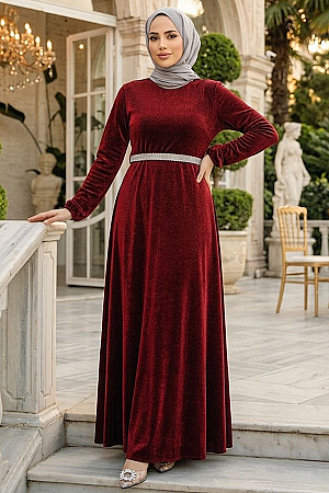 Tesettür Abiye Elbise - Simli Bordo Tesettür Abiye Elbise 42541BR - 1