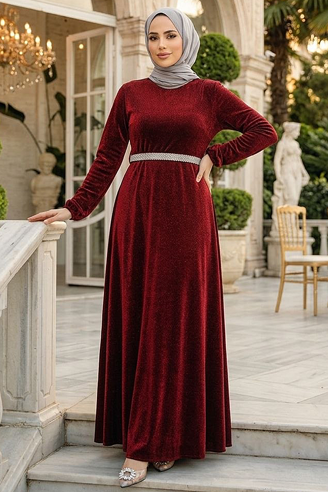 Tesettür Abiye Elbise - Simli Bordo Tesettür Abiye Elbise 42541BR - 1