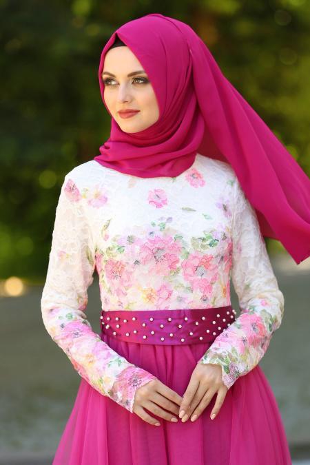 Tesettür Abiye Elbise - Üstü Çiçek Desenli Fuşya Abiye Elbise 7515F - 2