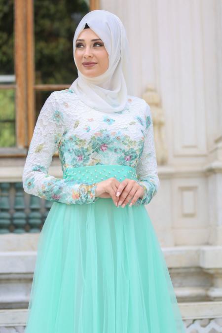Tesettür Abiye Elbise - Üstü Çiçek Desenli Mint Abiye Elbise 7515MINT - 2