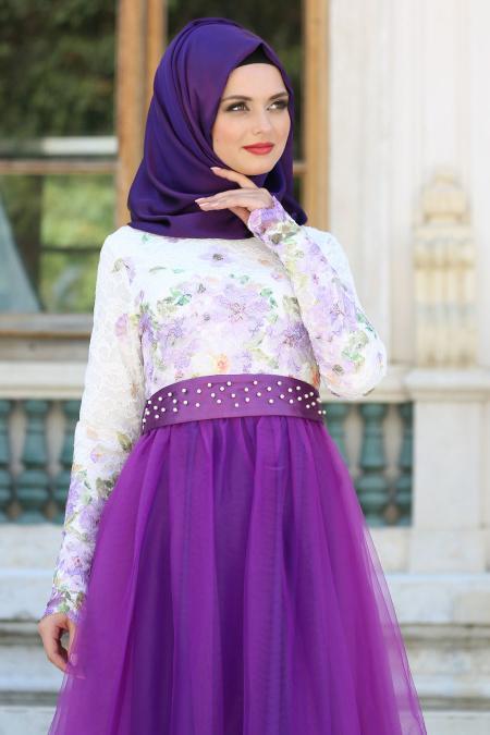 Tesettür Abiye Elbise - Üstü Çiçek Desenli Mor Abiye Elbise 7515MOR - 2