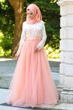 Tesettür Abiye Elbise - Üstü Çiçek Desenli Somon Abiye Elbise 7515SMN - 1