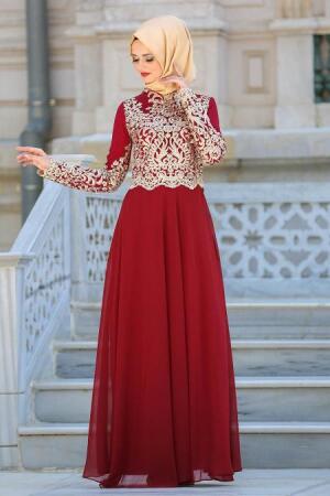 Tesettür Abiye Elbise - Üstü Dantel Detaylı Bordo Abiye Elbise 3224BR - 1
