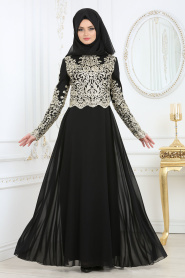 Tesettür Abiye Elbise - Üstü Dantel Detaylı Siyah Abiye Elbise 3224S - Thumbnail