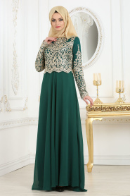 Tesettür Abiye Elbise - Üstü Dantel Detaylı Yeşil Abiye Elbise 3224Y - Thumbnail