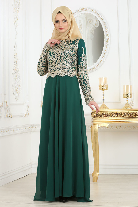 Tesettür Abiye Elbise - Üstü Dantel Detaylı Yeşil Abiye Elbise 3224Y