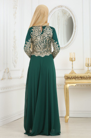 Tesettür Abiye Elbise - Üstü Dantel Detaylı Yeşil Abiye Elbise 3224Y - Thumbnail
