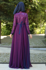 Tesettür Abiye elbise - Üstü İncilli Dantelli Fuşya Abiye Elbise 7545F - Thumbnail