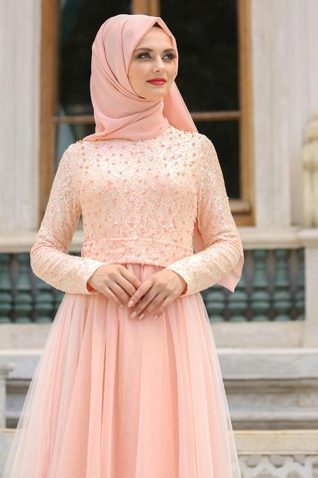 Tesettür Abiye elbise - Üstü İncilli Dantelli Somon Abiye Elbise 7545SMN - 2
