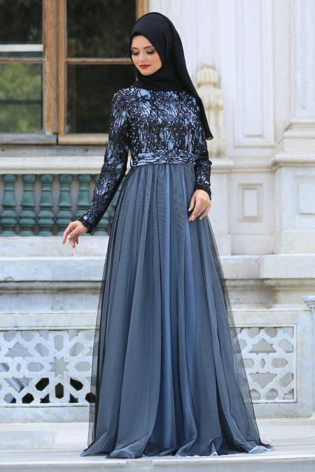 Tesettür Abiye elbise - Üzeri Pullu Dantelli Bebek Mavisi Abiye Elbise 75450BM