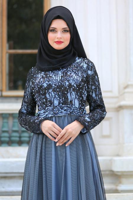 Tesettür Abiye elbise - Üzeri Pullu Dantelli Bebek Mavisi Abiye Elbise 75450BM - 2