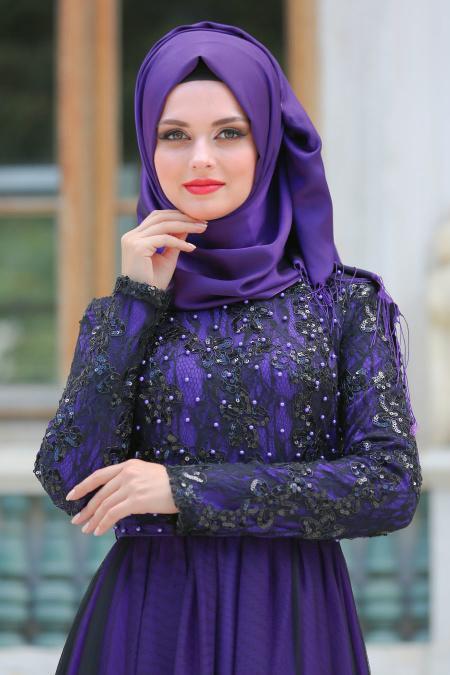 Tesettür Abiye elbise - Üzeri Pullu Dantelli Mor Abiye Elbise 75450MOR - 2