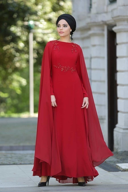 Kırmızı Tesettür Abiye Elbise 2138K