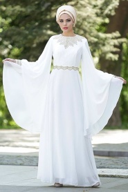 Beyaz Tesettür Abiye Elbise 2133B - Thumbnail