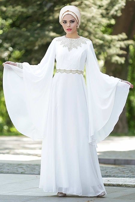 Beyaz Tesettür Abiye Elbise 2133B