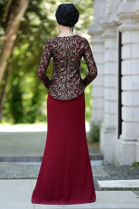 Bordo Tesettür Abiye Elbise 2125BR - 4