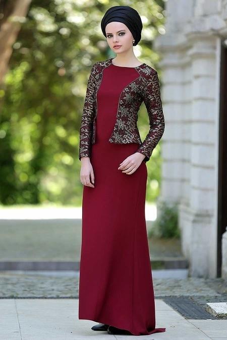 Bordo Tesettür Abiye Elbise 2125BR - 2