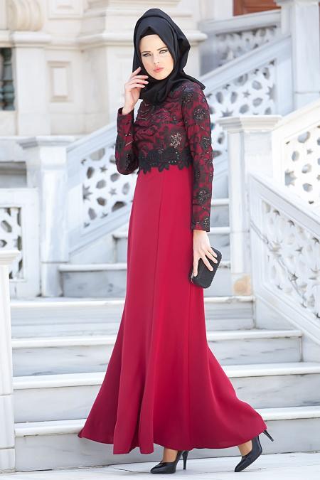 Bordo Tesettür Abiye Elbise 2132BR - 2