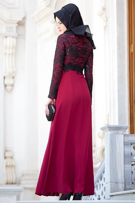 Bordo Tesettür Abiye Elbise 2132BR - 3