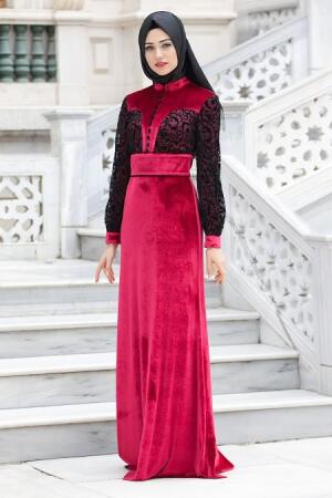 Bordo Tesettür Abiye Elbise 3679BR - 1
