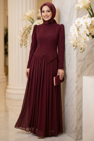 Tesettürlü Abiye Elbise - Adriana Bordo Taş Detaylı Tesettür Abiye 21592BR 