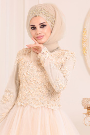 Tesettürlü Abiye Elbise - Aplikeli Prenses Model Ekru Tesettür Abiye Elbise 4702E - Thumbnail