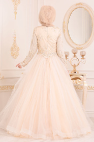 Tesettürlü Abiye Elbise - Aplikeli Prenses Model Ekru Tesettür Abiye Elbise 4702E - Thumbnail