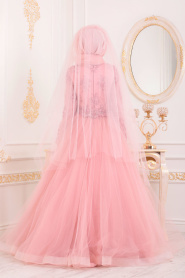 Tesettürlü Abiye Elbise - Aplikeli Prenses Model Pudra Tesettür Abiye Elbise 4702PD - Thumbnail