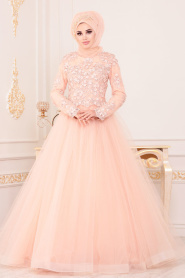 Tesettürlü Abiye Elbise - Aplikeli Prenses Model Somon Tesettür Abiye Elbise 4702SMN - Thumbnail