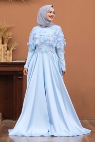 Tesettürlü Abiye Elbise - Baby Blue Hijab Evening Dress 43740BM - Thumbnail