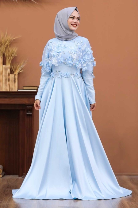 Tesettürlü Abiye Elbise - Baby Blue Hijab Evening Dress 43740BM