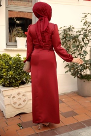Tesettürlü Abiye Elbise - Bağcık Detaylı Bordo Tesettür Saten Abiye Elbise 5948BR - Thumbnail