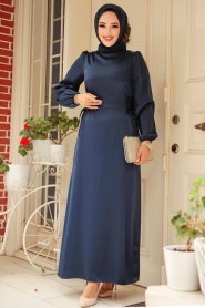 Tesettürlü Abiye Elbise - Bağcık Detaylı Lacivert Tesettür Saten Abiye Elbise 5948L - Thumbnail