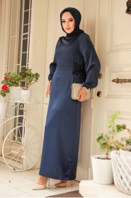 Tesettürlü Abiye Elbise - Bağcık Detaylı Lacivert Tesettür Saten Abiye Elbise 5948L - Thumbnail
