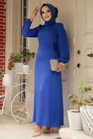 Tesettürlü Abiye Elbise - Bağcık Detaylı Sax Mavisi Tesettür Saten Abiye Elbise 5948SX - Thumbnail