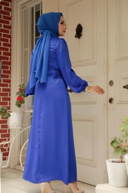 Tesettürlü Abiye Elbise - Bağcık Detaylı Sax Mavisi Tesettür Saten Abiye Elbise 5948SX - Thumbnail
